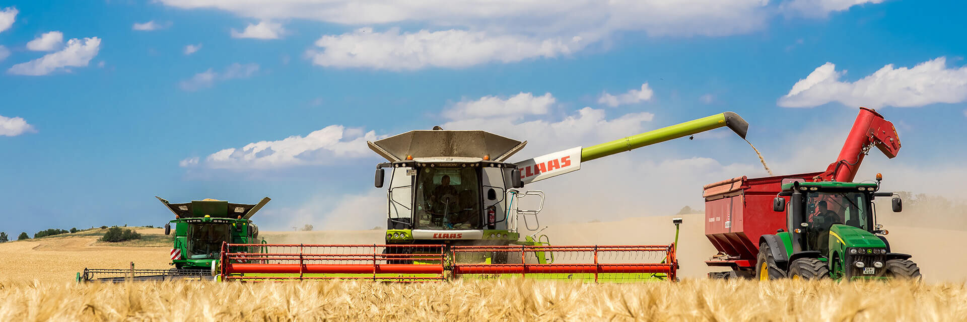 Zwei Mähdrescher und ein Traktor ernten goldene Gerste auf einem weiten Feld.