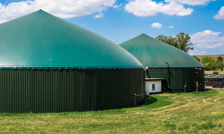 Zwei moderne Biogasanlagen zur nachhaltigen Energieerzeugung in einer grünen Landschaft.